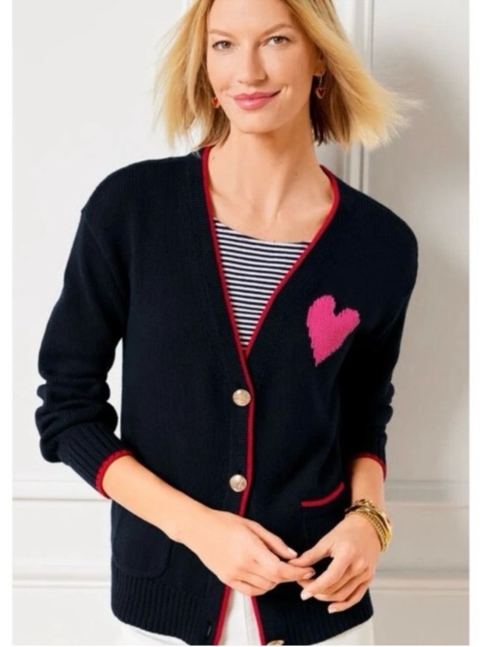 Talbots Navy Heart V Neck Cardigan Sweater Womens Gold Buttons Love Classy